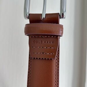 Cole Haan Men’s Leather Belt Tan Large 38/40 NEW Tab Detail Wide Stitch $80